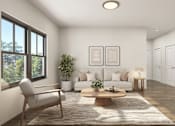 Thumbnail 2 of 15 - A living room with a sofa, a chair, a coffee table, and a potted plant.
