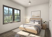 Thumbnail 6 of 15 - A bedroom with a large bed and a window overlooking a green landscape.