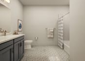 Thumbnail 7 of 15 - A bathroom with a toilet, sink, and shower.