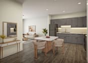 Thumbnail 1 of 15 - A modern kitchen with a dining table and chairs.