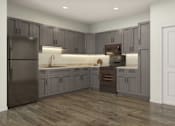Thumbnail 8 of 15 - A modern kitchen with wooden floors and grey cabinets.