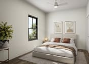 Thumbnail 11 of 15 - A bedroom with a large bed and a plant on the side table.