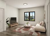 Thumbnail 3 of 15 - A living room with a flat screen TV and a large window.