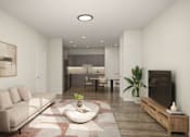 Thumbnail 9 of 15 - A living room with a couch, a coffee table, and a television.