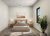 Thumbnail 5 of 15 - A bedroom with a large bed, a ceiling fan, and a painting on the wall.