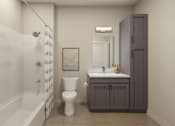 Thumbnail 12 of 15 - A bathroom with a toilet, sink, and shower.