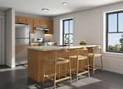 Thumbnail 6 of 11 - A kitchen with wooden bar stools and a marble countertop.