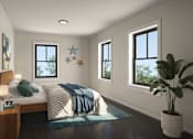 Thumbnail 7 of 11 - A bedroom with a bed, a lamp, a potted plant, and three windows.