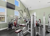 Thumbnail 26 of 39 - A gym with a green wall and a row of exercise machines. at The Lory of Greenway Village Apartments, Kentucky