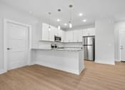 Thumbnail 36 of 51 - Contemporary kitchen with peninsula bar and white cabinets at The Palms Apartments, Charleston