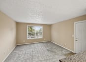Thumbnail 6 of 17 - A room with a carpeted floor and a door on the right side.