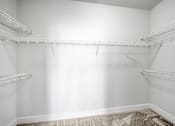 Thumbnail 23 of 64 - Empty white closet with shelves and a carpet.