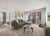 Thumbnail 4 of 64 - A living room with a green couch and a coffee table.