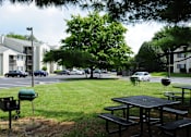 Thumbnail 15 of 17 - A black picnic table is in the foreground of a grassy area.