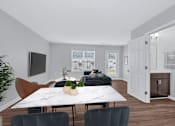 Thumbnail 4 of 25 - a dining area with a white marble table and blue chairs