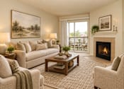 Thumbnail 1 of 17 - A living room with a fireplace, couch, and painting on the wall.