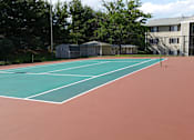 Thumbnail 12 of 17 - A tennis court with a green surface and white lines.