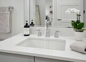 Thumbnail 36 of 40 - a bathroom sink with a bottle of soap and a vase of flowers at Sinclaire on Seminary, Alexandria, VA 22311