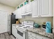 Thumbnail 13 of 36 - White kitchen with electric stove and granite counters at The Arbor Walk Apartments, Tampa