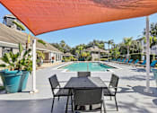 Thumbnail 22 of 36 - Pool deck with shaded seating and tropical landscaping at The Arbor Walk Apartments, Tampa, FL 33617