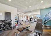 Thumbnail 23 of 37 - A gym with a variety of equipment including weights, a bench, and a treadmill at Union Heights Apartments, Colorado Springs, Colorado