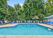 Thumbnail 41 of 64 - A pool surrounded by trees and chairs.at Lofts of Wilmington Apartments, Wilmington, North Carolina