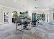 Thumbnail 63 of 65 - A gym with a row of treadmills and a weight machine.