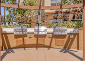 Thumbnail 59 of 65 - Three barbecue grills are lined up on a patio.