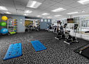 Thumbnail 23 of 27 - a gym with yoga mats, cable machine, ellipticals, benches, and dumbbells