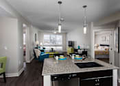 Thumbnail 17 of 27 - an open apartment layout with a sink, dishwasher, living space, and large windows