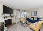 Thumbnail 3 of 24 - A living room with a fireplace, a blue couch, and a television.