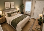 Thumbnail 2 of 17 - A bedroom with a large bed and a window with white curtains.