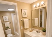 Thumbnail 9 of 14 - A bathroom with a toilet, sink, and mirror.