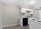 Thumbnail 37 of 39 - an empty kitchen with white cabinets and a black and white stove at Emerald Greens, Norman, OK