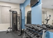 Thumbnail 32 of 51 - a gym with weights and a tv in the corner at Lake Lofts at Deerwood, Jacksonville, FL, 32216