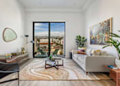 Thumbnail 14 of 27 - A living room with a view of the city through a large window at WM by CLG, California  