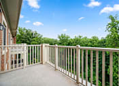 Thumbnail 44 of 59 - A balcony with a white railing overlooks a green forest.