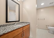 Thumbnail 31 of 59 - A bathroom with a sink, mirror, and toilet.