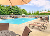 Thumbnail 24 of 30 - A gated resort-style pool at our Severgn Apartments in Exton, PA with lounge chairs, tables, and umbrellas surrounded by trees.