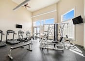 Thumbnail 35 of 45 - A gym with treadmills, exercise bikes, and weight machines.