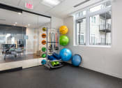 Thumbnail 19 of 32 - a workout room with weights and balls on the floor at 2200 LaSalle Apartments, Missouri, 63104