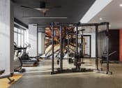 Thumbnail 7 of 58 - a gym with exercise equipment and a large window at Bemiston Place Apartments, Missouri