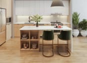 Thumbnail 25 of 58 - a kitchen with white cabinets and a white island with green chairs at Bemiston Place Apartments, Missouri, 63105