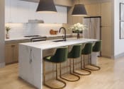 Thumbnail 41 of 58 - a kitchen with a marble counter top and four green chairs at Bemiston Place Apartments, Clayton, MO 63105