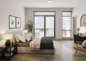 Thumbnail 39 of 58 - a bedroom with a large bed and a balcony at Bemiston Place Apartments, Missouri