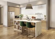 Thumbnail 38 of 58 - a kitchen with white cabinets and a white island with green chairs at Bemiston Place Apartments, Clayton