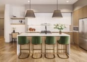 Thumbnail 32 of 58 - a kitchen with white cabinets and a white island with green chairs at Bemiston Place Apartments, Missouri