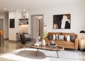 Thumbnail 45 of 58 - a living room with a brown couch and a coffee table at Bemiston Place Apartments, Clayton