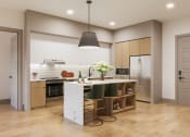 Thumbnail 51 of 58 - a kitchen with a white island with three stools at Bemiston Place Apartments, Missouri