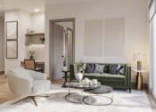 Thumbnail 50 of 58 - a living room with a green couch and a white rug at Bemiston Place Apartments, Clayton, 63105